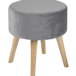 Emmy Grey Velvet Round Wood Leg Ottoman Clearance