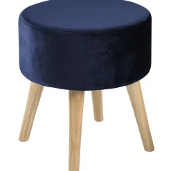 Emmy Navy Velvet Round Wood Leg Ottoman Less Expensive