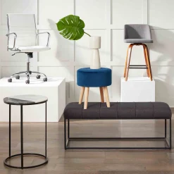 Emmy Navy Velvet Round Wood Leg Ottoman Less Expensive