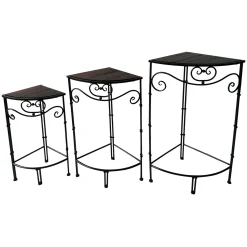 Fan Shaped Wood Top Plant Stand With Bronze Double Tube Metal Leg, Small Less Expensive