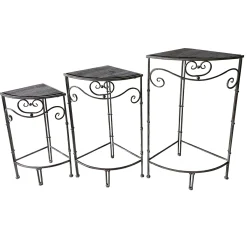 Fan Shaped Wood Top Plant Stand With Rustic Double Tube Metal Leg, Small Low Price