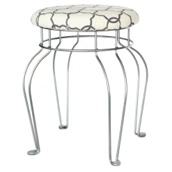 Quatrefoil Silver Wire Vanity Stool/Ivory Printed Fabric Seat Opening Sales