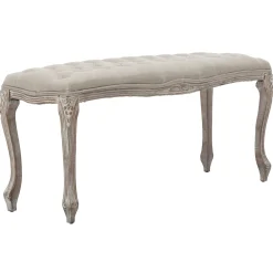 Simone Grey Linen Tufted Bench With Carved Reclaimed Wood Legs Outlet