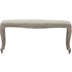 Simone Grey Linen Tufted Bench With Carved Reclaimed Wood Legs Outlet