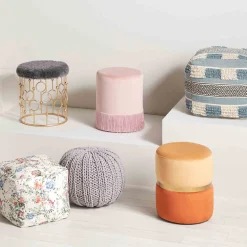 Velvet Blush Round Ottoman With Fringe Featured